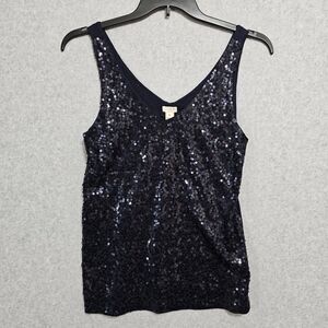 J Crew Sequin Tank Top Size M Navy Blue V Neck Womens Party Holiday Top